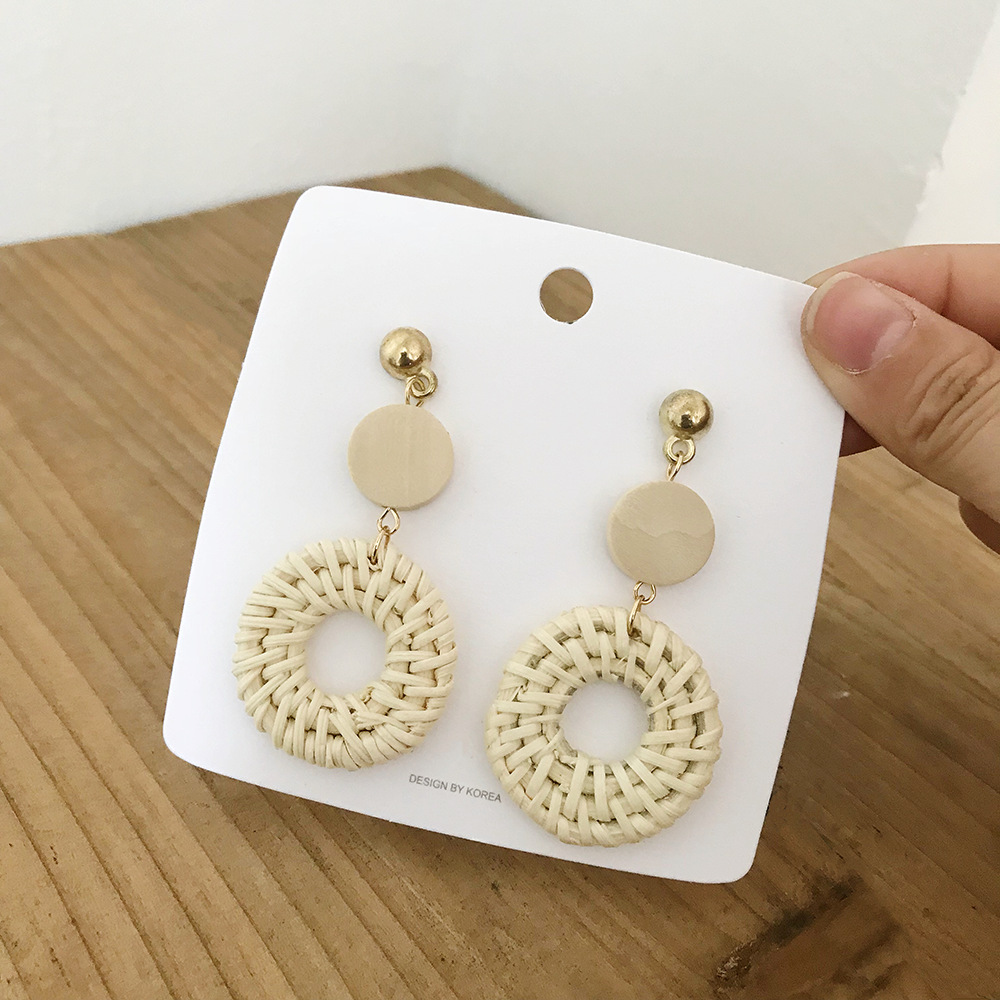 Korean Dongdaemun Same Earrings Women's Vintage Elegant All-match Grass and Rattan Woven Geometric Round Long Earrings Earrings