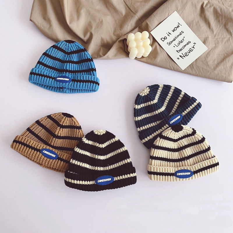 Harajuku Japanese Children's Striped Melon Skin Hat Trendy Style Boys' and Girls' Curled Large Label Knitted Hat Wool Melon Skin Hat