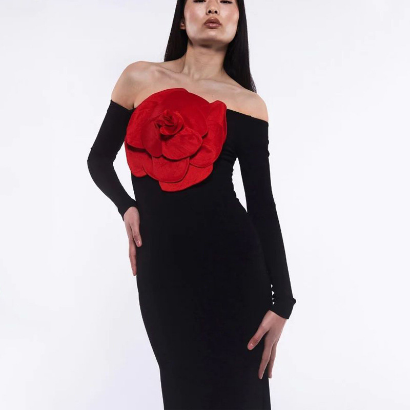 Picture of Cross-border Sexy Strapless Banquet Evening Dress Long Dress Slim-fit Backless Fashionable Short-sleeved Decorative Flower dress