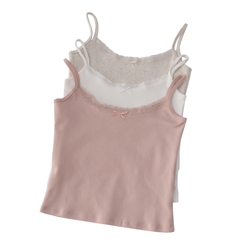 Spring and Autumn New Sweet Style Lace Stitching Sanding Cotton Slim-Fit Slimming Short Small Camisole Top for Women