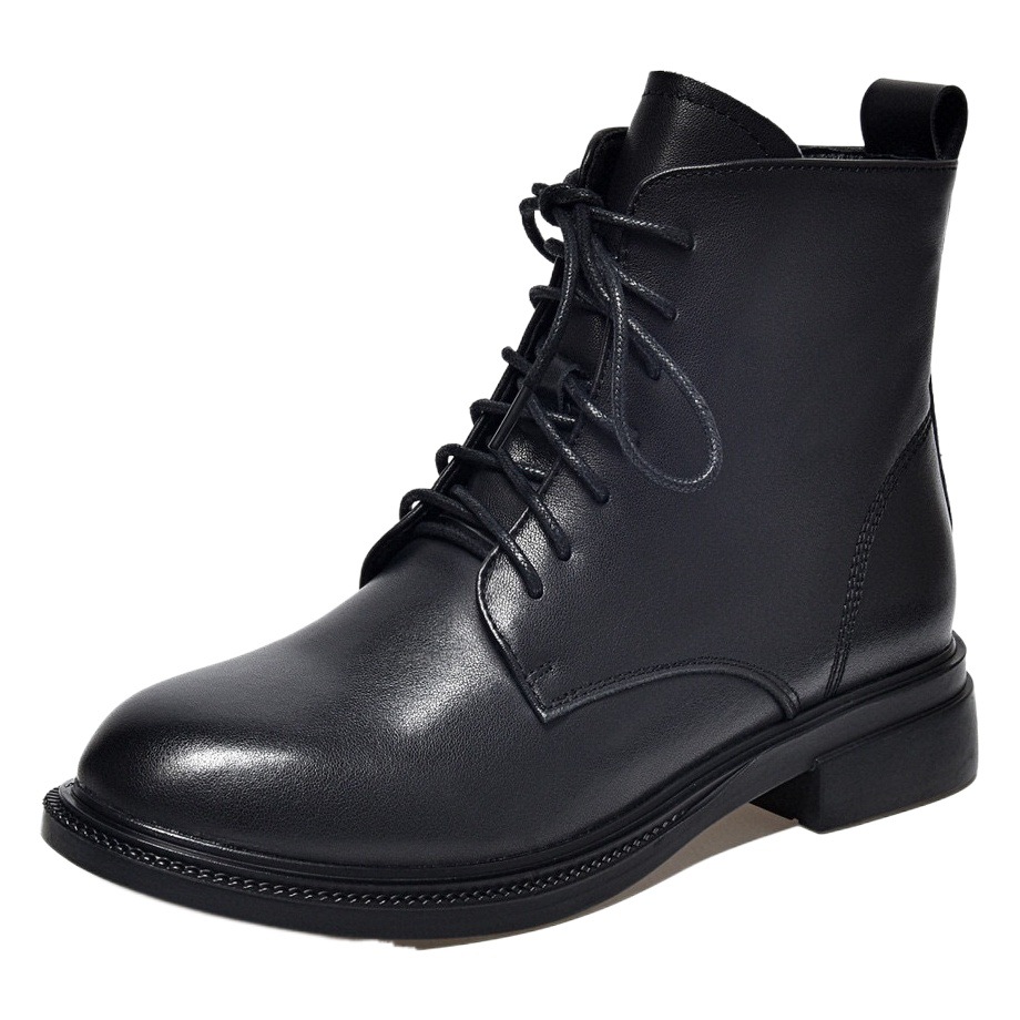 Round-Toe Boots, Martin Boots for Women, 2025 Winter, Large Toe Box, Genuine Leather, Comfortable Flat-Soled Short Boots, Black Cotton Boots, Women's Boots