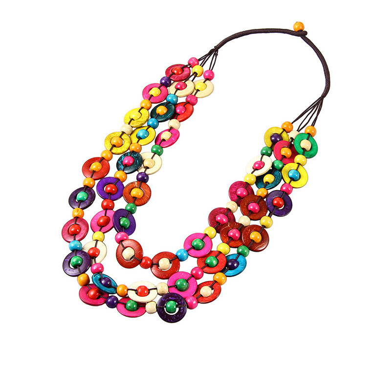 Picture of Bohemian National style necklace coconut shell pendant color multi-layer beads retro woven long necklace women
