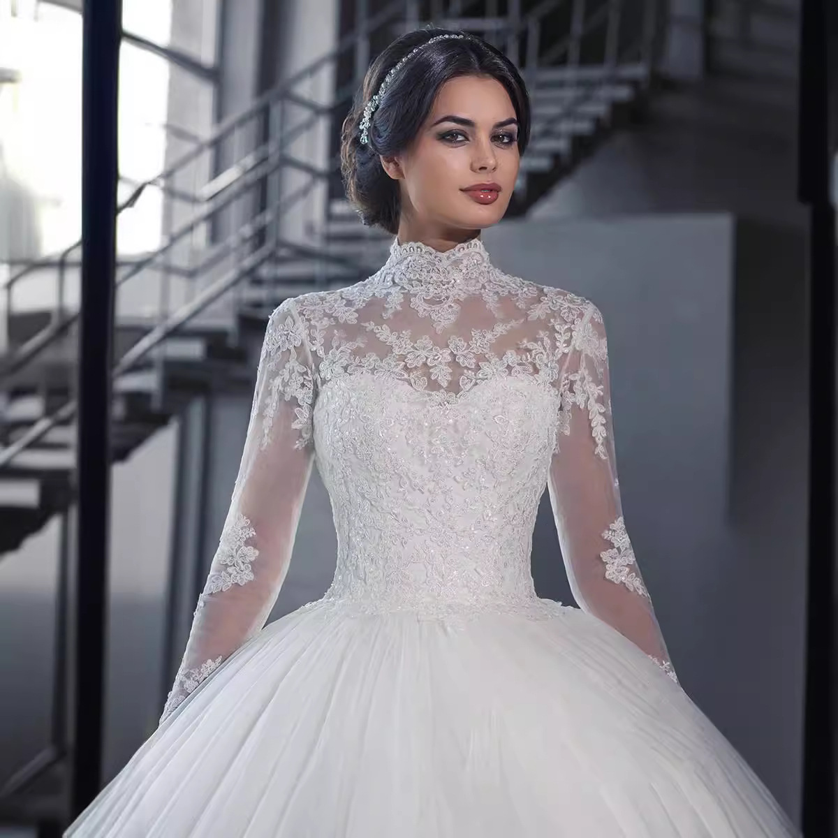 Picture of Wedding Dress 2025 New Bridal Stand Collar Waist Slimming Look Fishtail Small Tail Lace Export Large Size Wedding Dress