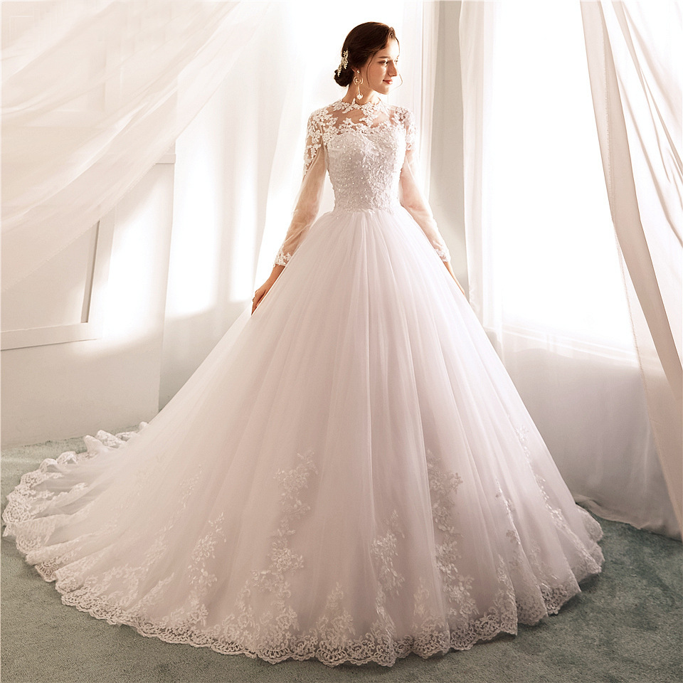 Long-Sleeved Round Neck Export European and American Wedding Dress for Women 2025 New Large Size Fashion Retro Tail Fluffy Bridal Wedding Dress 76