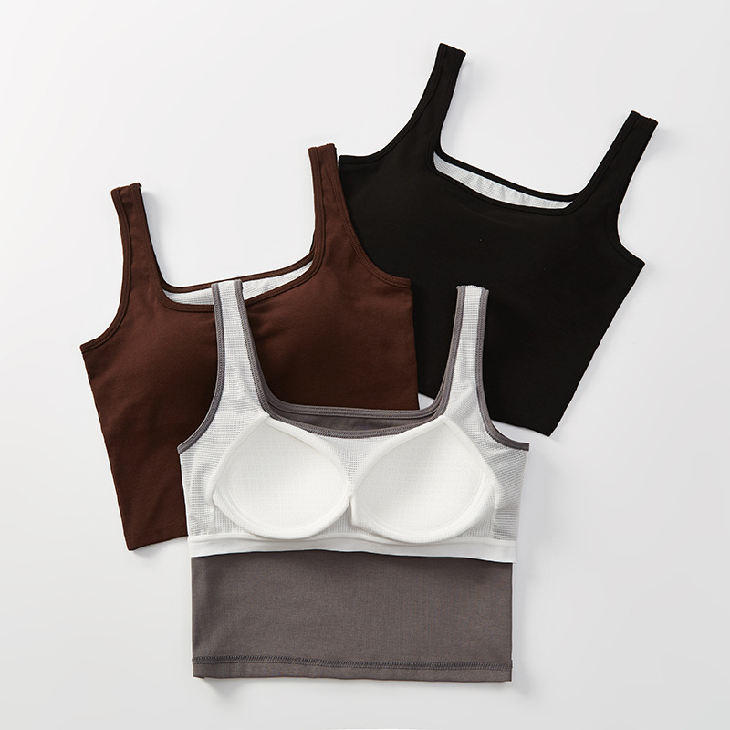 Small strap vest with chest pad short Cup one-piece inner wear outer wear sleeveless navel all-match square collar top for women