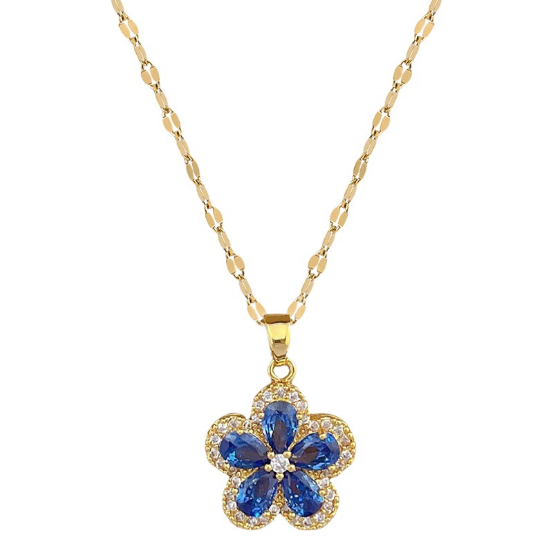 [Titanium steel] five-leaf flower necklace earrings suit light luxury micro-inlaid personality temperament banquet earrings necklace combination