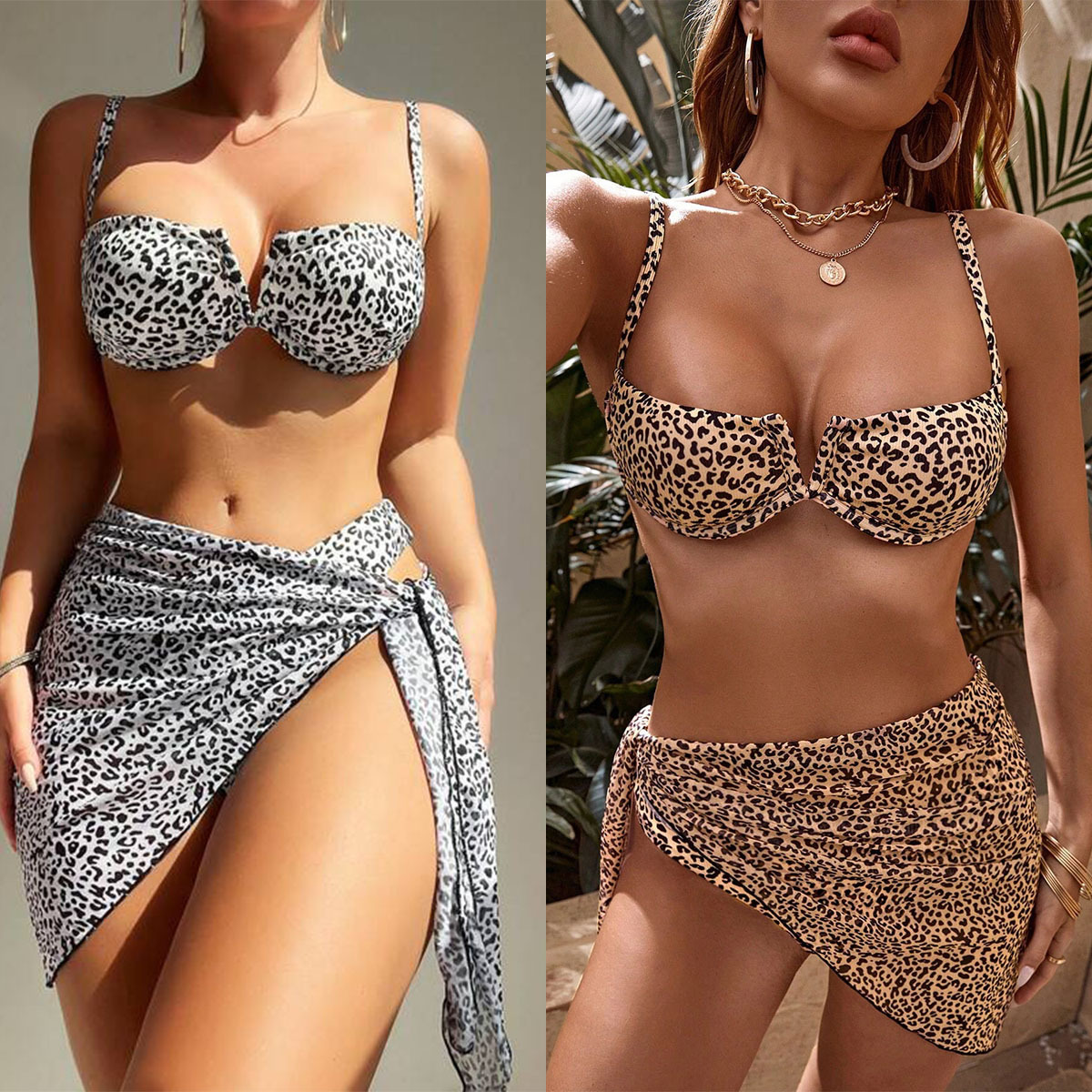 Cross-border foreign trade European and American hot girl style split bikini three-piece swimsuit leopard strap beach vacation swimsuit