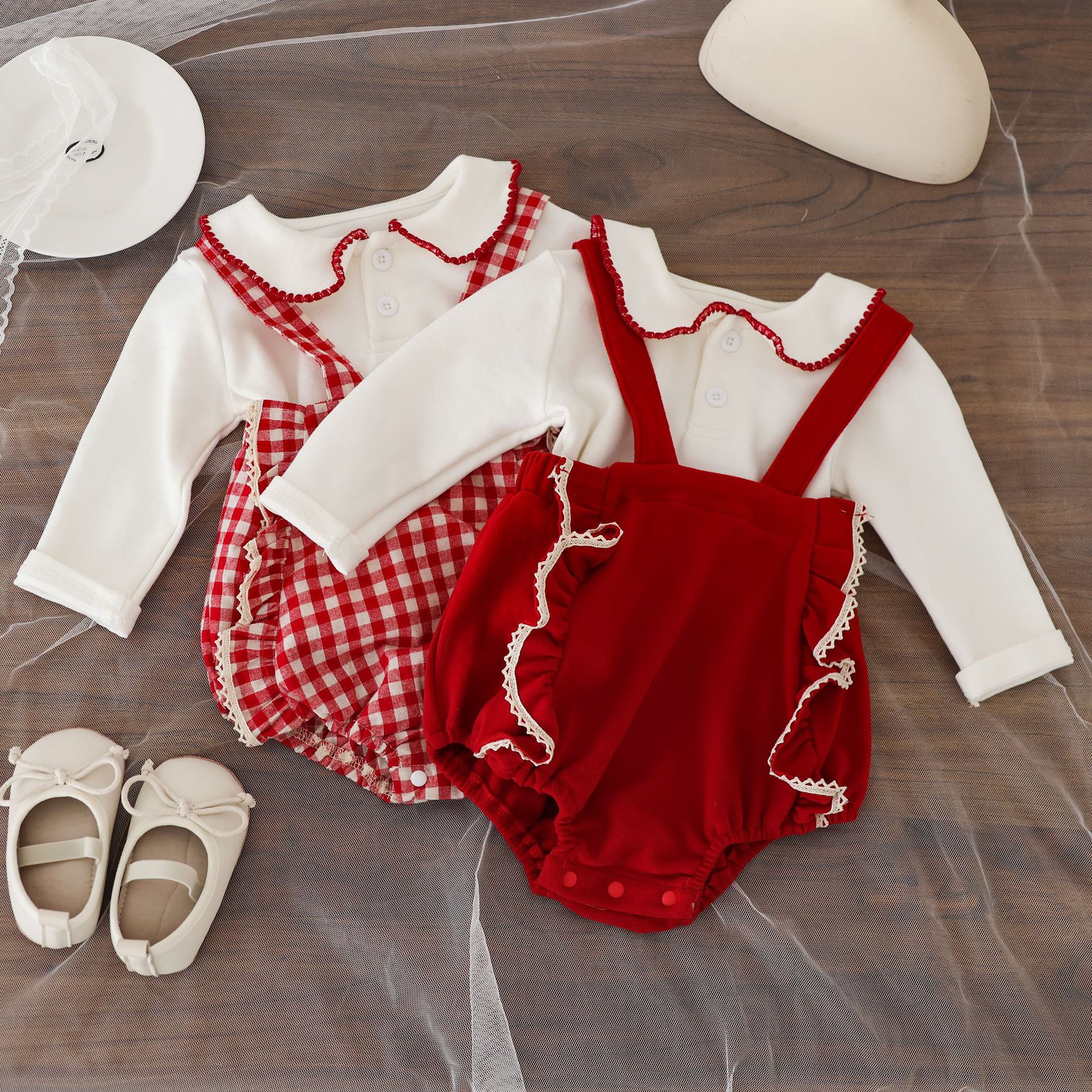 2025 spring new female baby Korean strap bag fart pants baby festive red lace jumpsuit