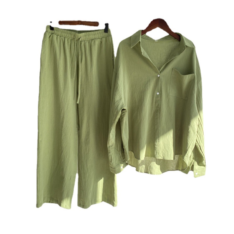 Picture of Cross-border Amazon Women's 2-piece Vintage Plus Size 2022 Cotton and Linen Shirt suit High Waist Loose Trousers