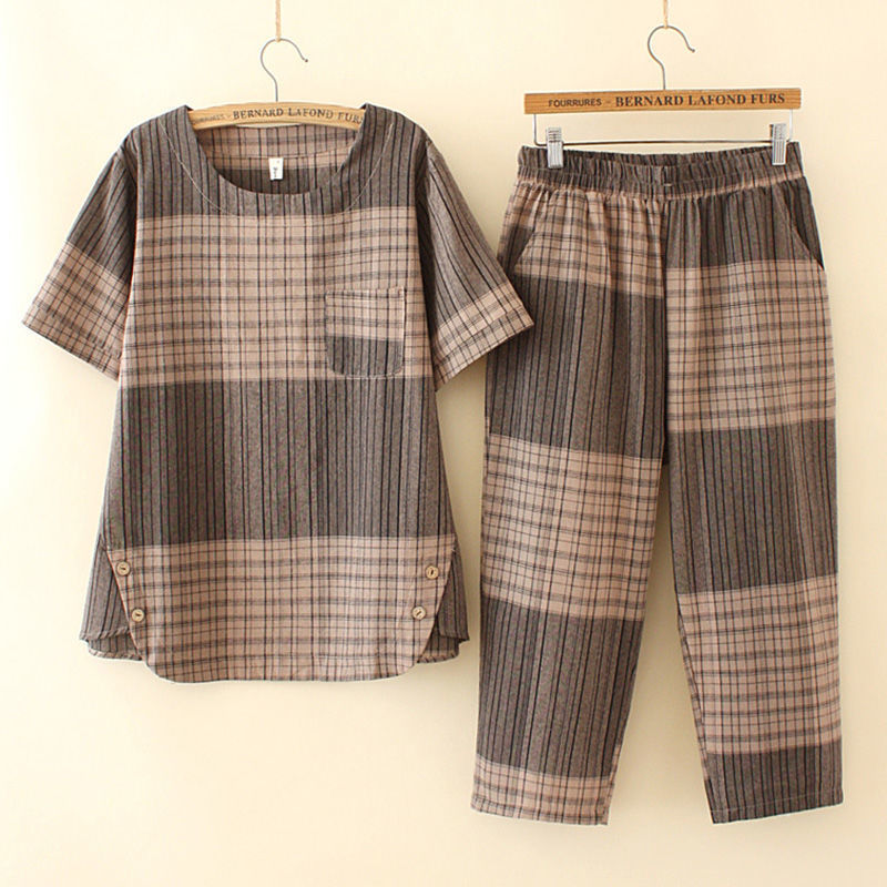Picture of Large Size Plaid Suit Women's Summer New All-match Loose Lazy Style Casual Short-sleeved Top Wide-leg Pants Two-piece Set