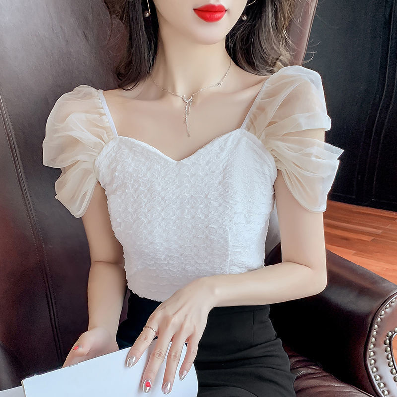 Picture of 2025 New French Square Neck Collarbone Short Sleeve Shirt Women's Sweet Summer Style Fairy Style Mesh