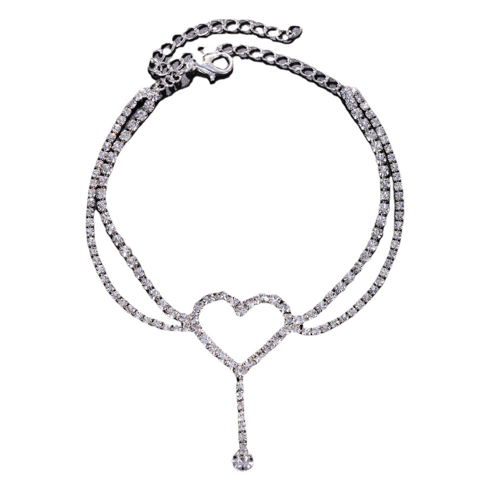 European and American Full Diamond Fashion All-match Beach Anklet Personality Shiny Rhinestone Love Anklet Cross-border Tassel Accessories