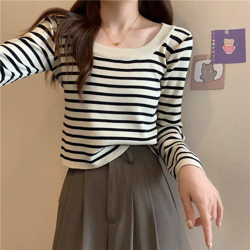 Korean Style Fashionable Striped Long-Sleeved Knitted T-Shirt Women's Autumn Niche Design Sense T-Shirt Base Shirt Short Top