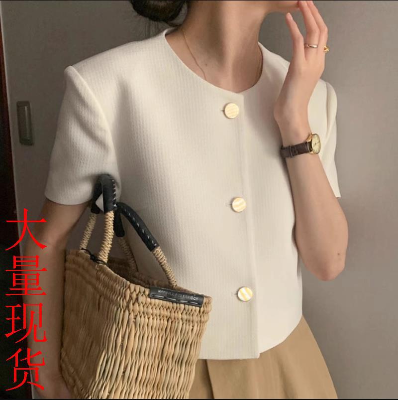 Picture of Korean Chic Summer Small Fragrant Style Round Neck Single-Breasted Casual Versatile Puff Sleeve Short Outwear Women's Small Shawl