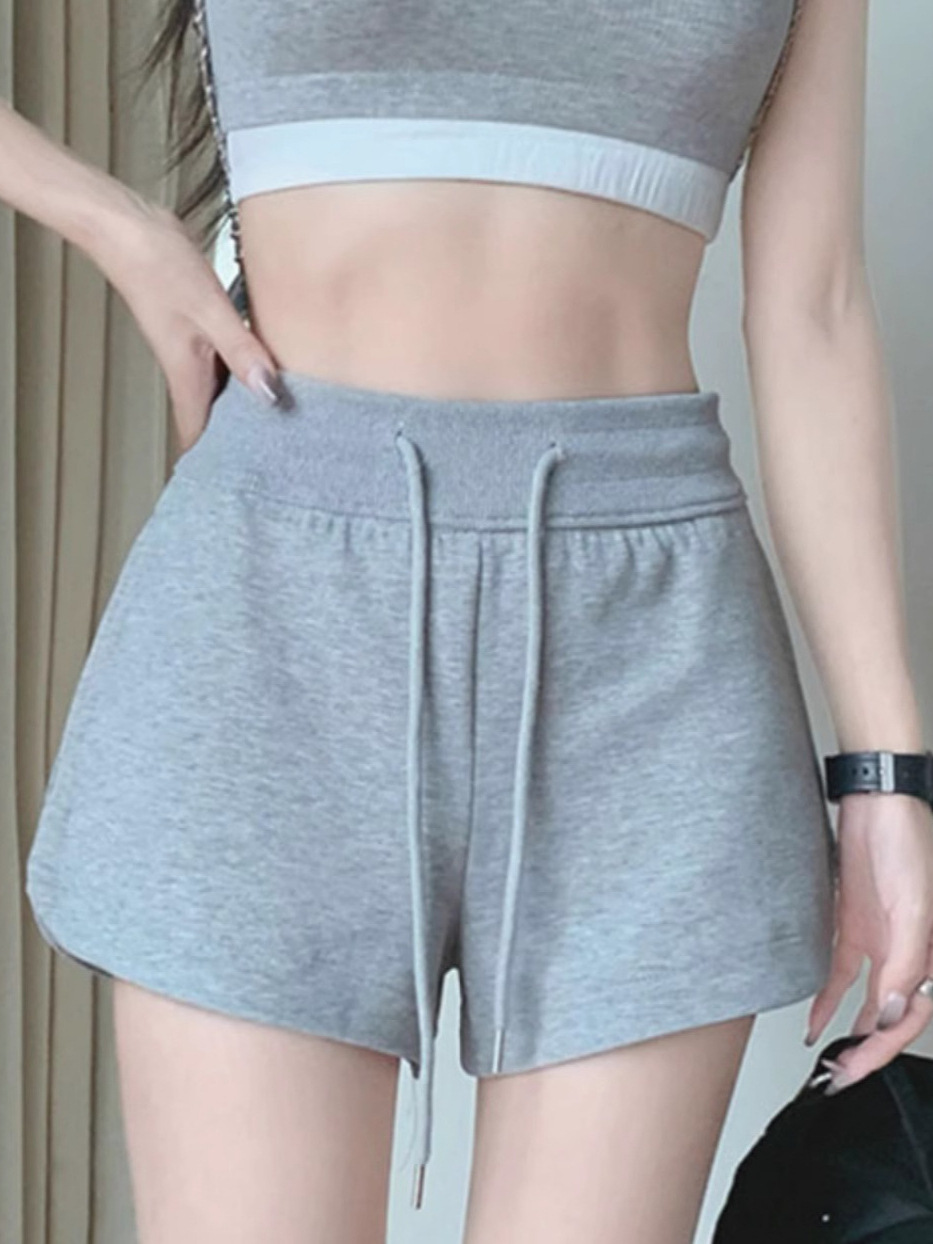 Gray drawstring casual sports shorts women's summer small high waist outer wear slimming A- line wide leg home shorts