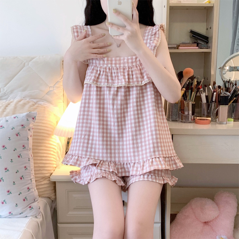 Sling Pajamas Women's Summer Pure Cotton Cute Lace Girl's Home Clothes suit Internet Celebrity Explosions Princess Style Cross-border Live Broadcast