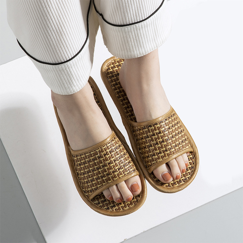 Summer Linen woven slippers women's home rattan indoor non-slip wear-resistant floor soft bottom men's home slippers