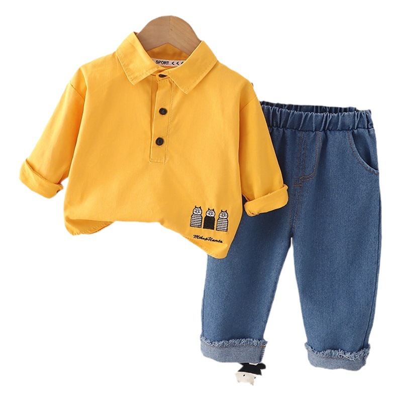 Children's lapel shirt 2023 autumn new long sleeve shirt casual jeans pants suit factory wholesale