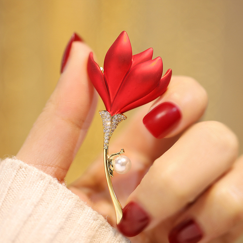 Picture of National Fashion red ethnic style cheongsam chest decoration copper zircon Pearl empty support semi-finished French brooch factory wholesale