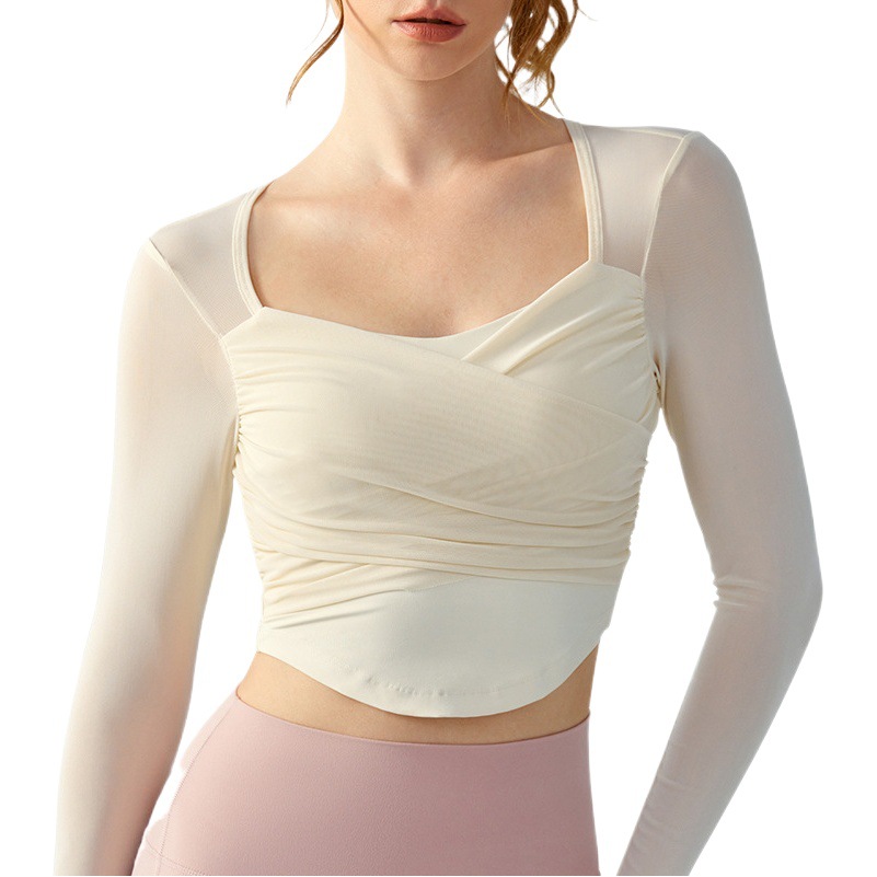 Autumn and Winter Cross-pleated Yoga Long-sleeved Women's Hollow-out Mesh Short Quick-drying Sports T-shirt Fitness Top with Chest Pad