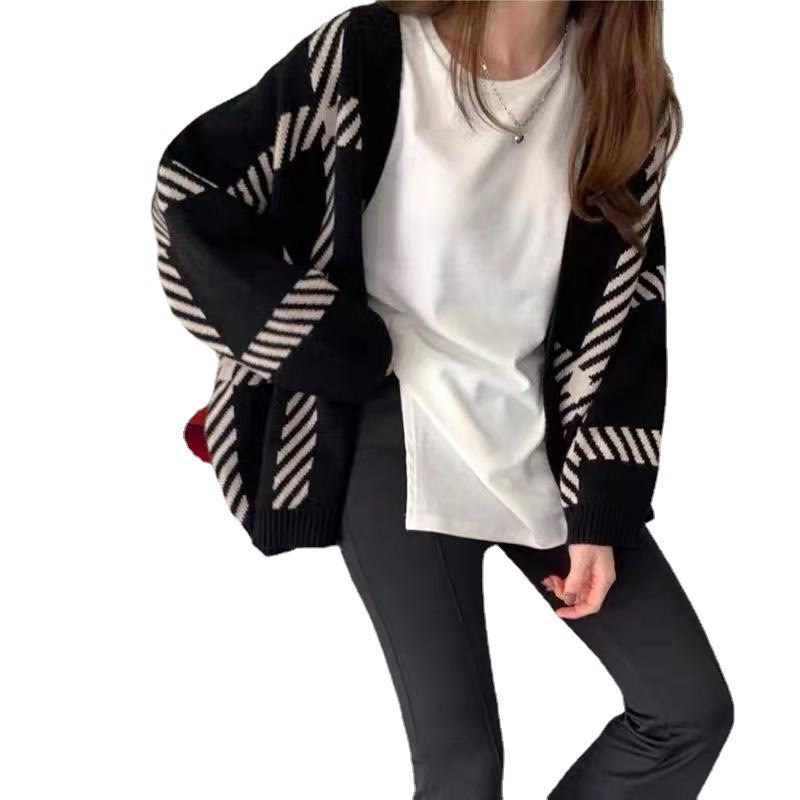 Picture of New Black Striped Knitted Cardigan Women's 2023 Autumn and Winter Korean Style Loose Lazy Style Simple All-match Sweater Jacket