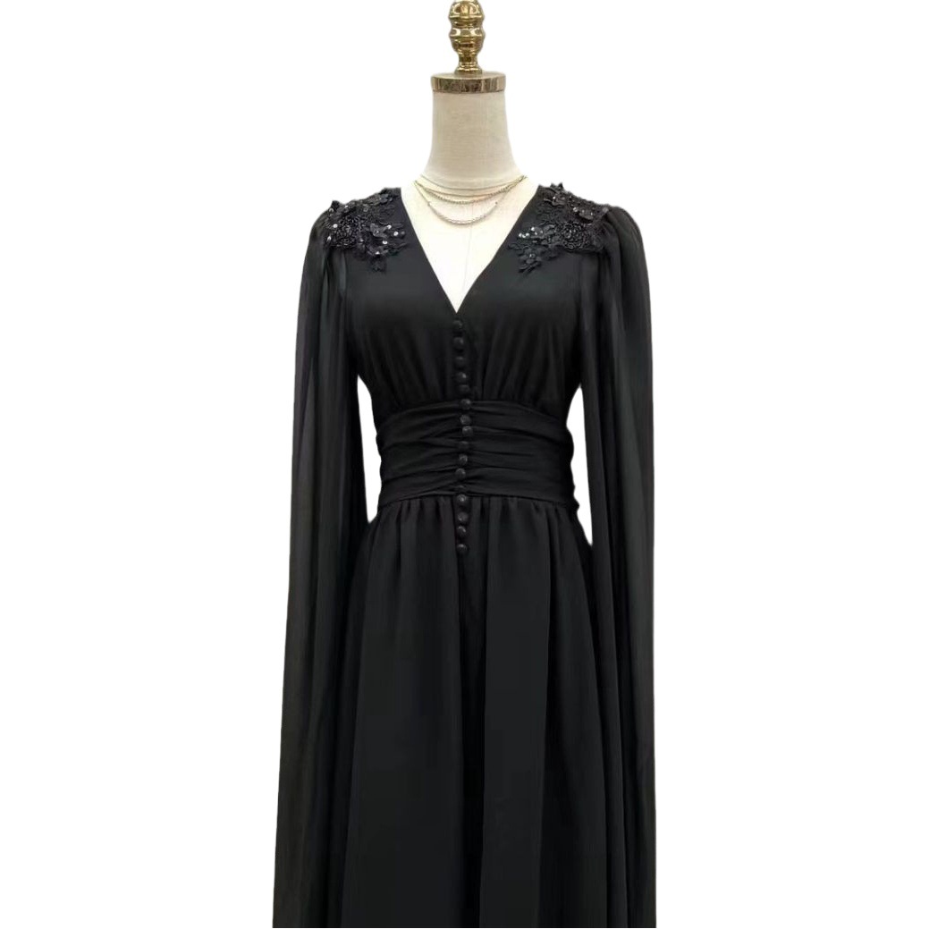 Autumn New Elegant Sexy Deep V Embroidered Breasted Super Long Sleeve Dress dress