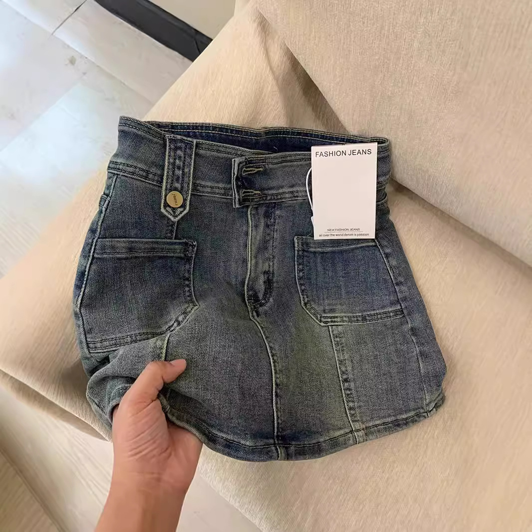 Vintage Denim Skirt Women's 2024 Summer New Anti-exposure High Waist Slimming All-match A- line Hip Short Skirt