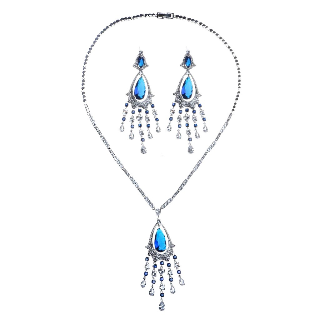 Cross-Border New Water Drop Tassel Necklace Earrings Set Inlaid with Zircon High-End Luxury Dress Accessories Jewelry for Women