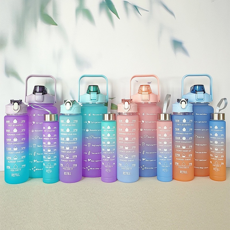 Cross-border fashion matte gradient large capacity plastic cup 2000ML three-piece water cup portable sports outdoor water cup