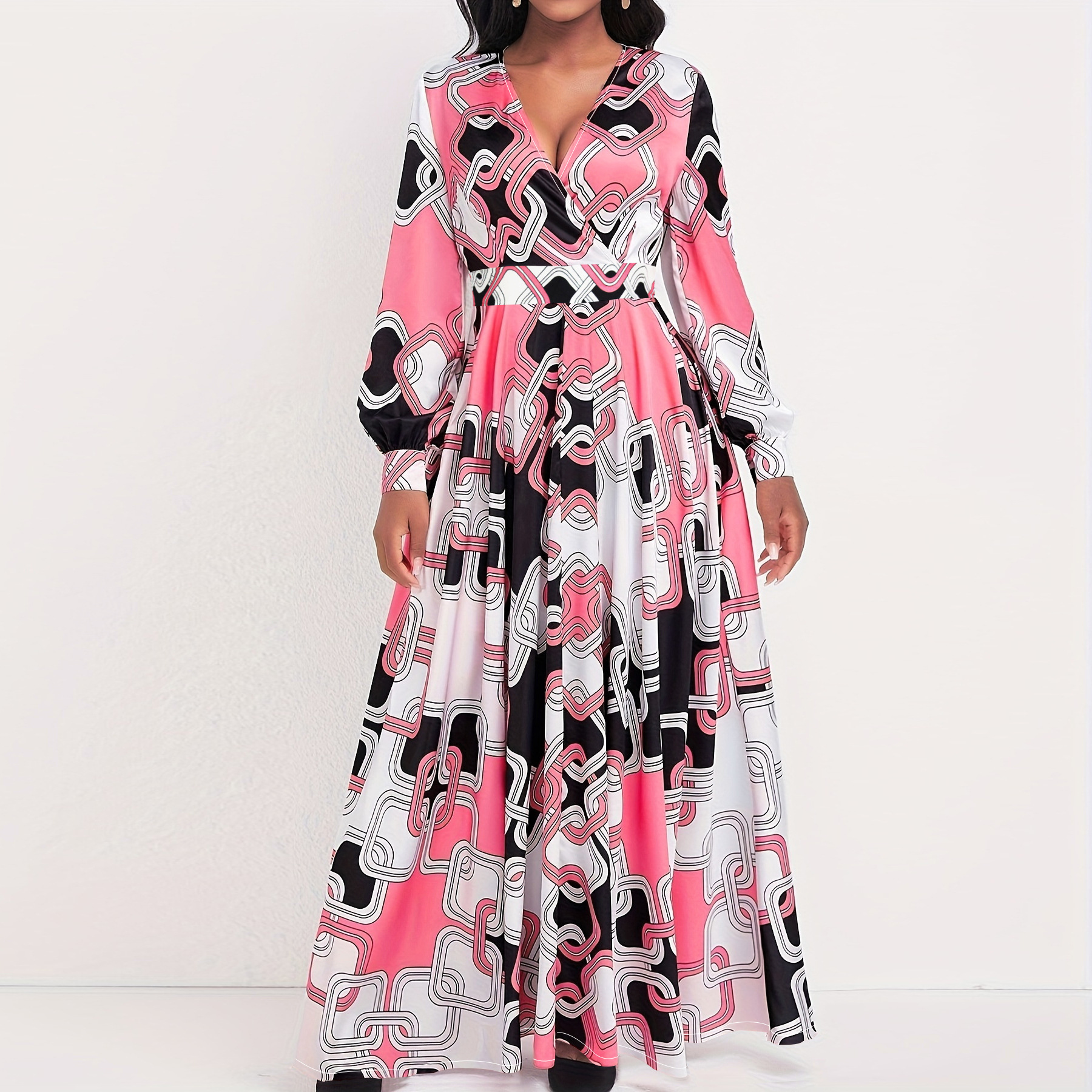Picture of Cross-border Amazon European and American Women's New Fashion Elegant Elegant Printed V-neck No Belt Large dress
