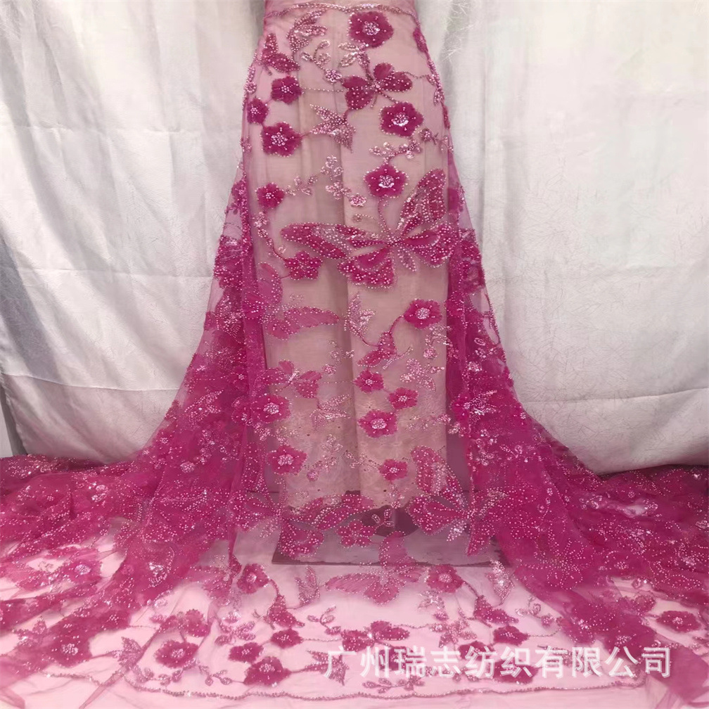 Beautiful Butterfly Plate Flower Embroidery Bead Tube Dress Lace French Wedding Dress dress Children's Cheongsam Performance Dress Embroidered Cloth