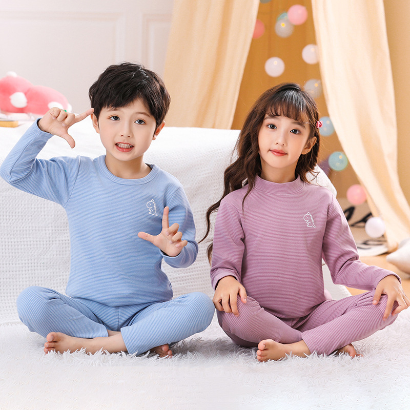 Picture of Children's double-sided brushed plush Long Johns boys and girls winter thermal underwear suit mid-collar bottoming striped pajamas