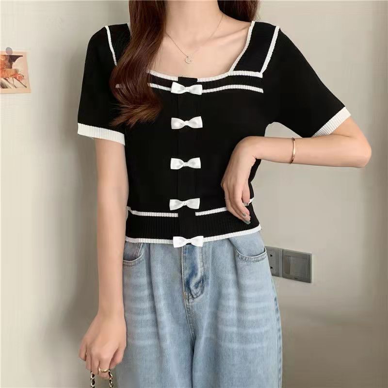 2025 New Summer Style Bow Contrast Color Short-Sleeved Square Neck T-Shirt Women's Sweet Ice Silk Knitwear Short Top