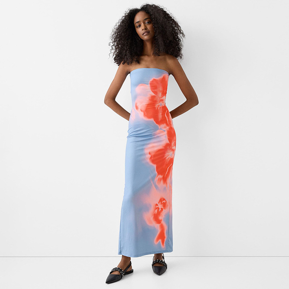 Cross-Border European and American Style Women's Clothing Amazon's New Sexy Tube Top Printed Hip-Covering Slit Dress for Women's Beach