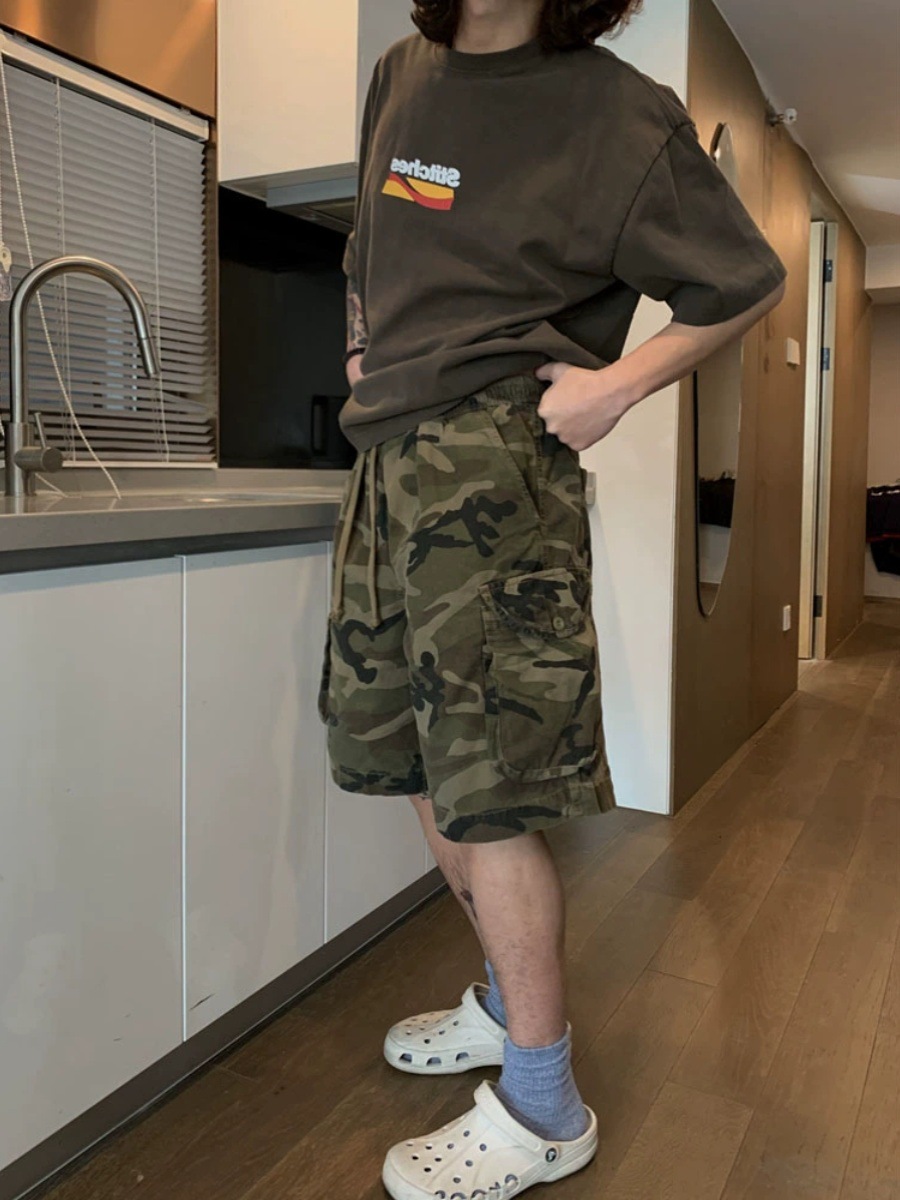 American Style Retro Large Pocket Overalls Camouflage Shorts for Men and Women Summer Street Loose All-match Straight Five-point Trendy Mid-length Pants