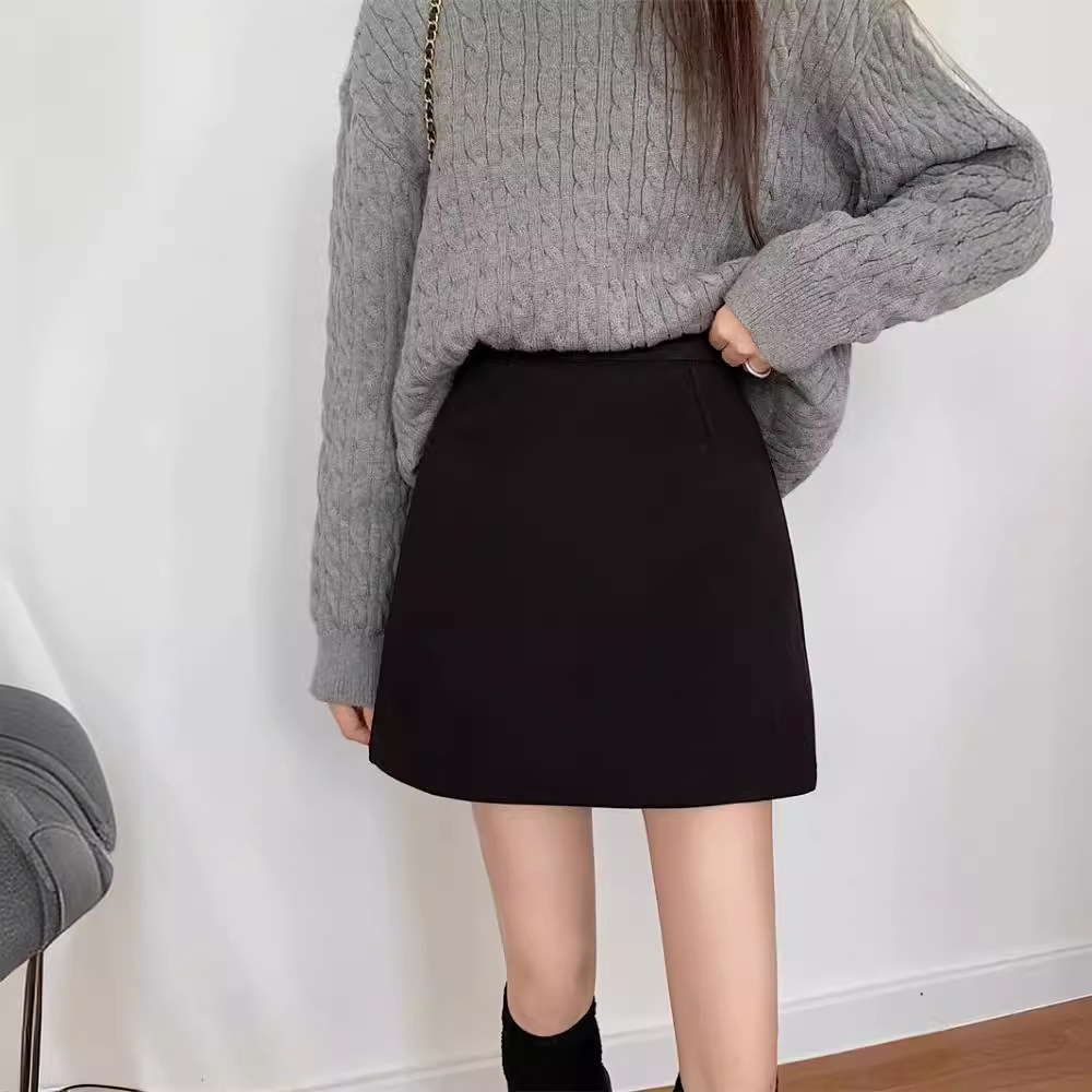 Black Woolen Skirt Women's Autumn and Winter 2025 New A- line Small High Waist Korean-style All-match Hip Skirt