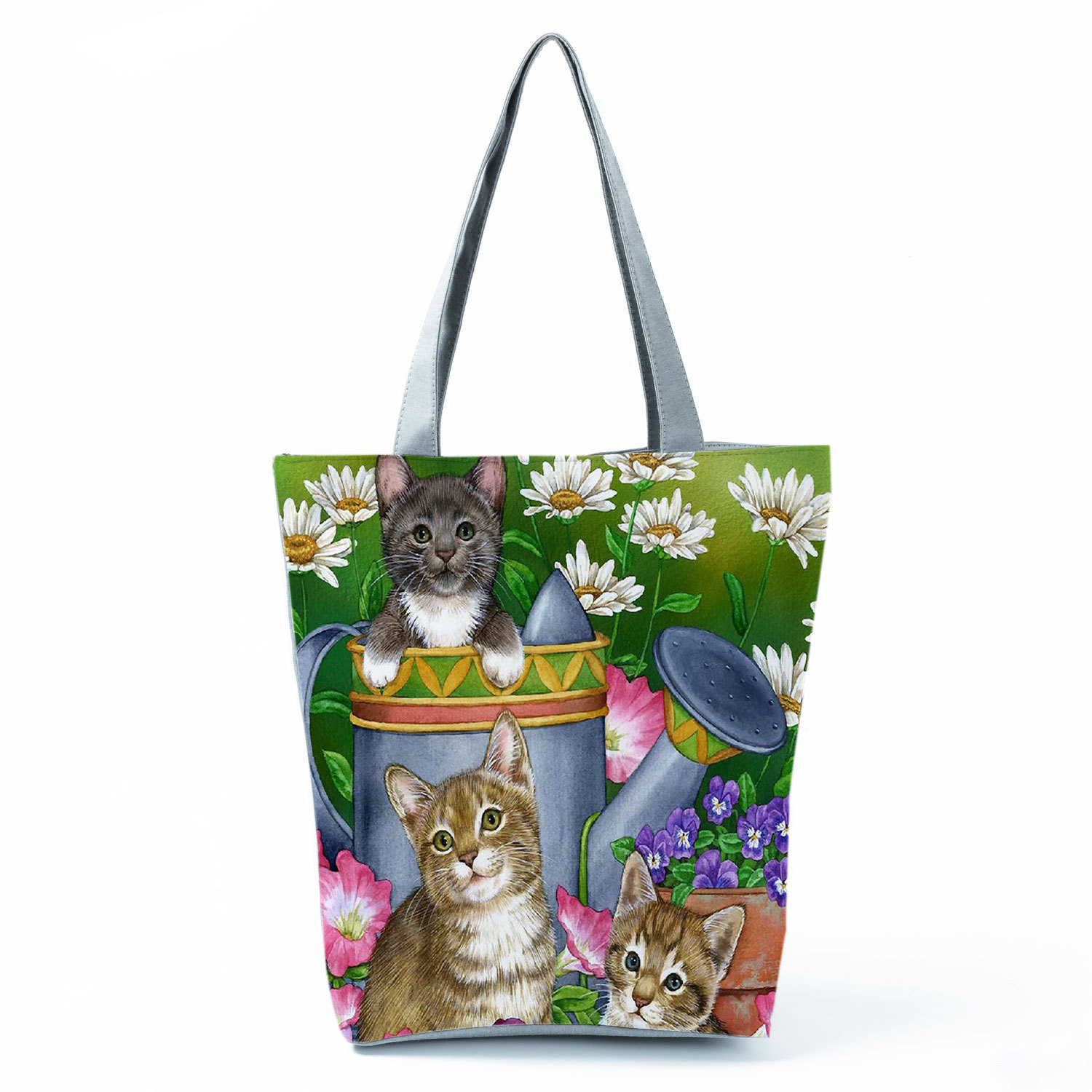 Picture of New cute flower cat printed shoulder bag portable travel storage bag large capacity outdoor tote bag