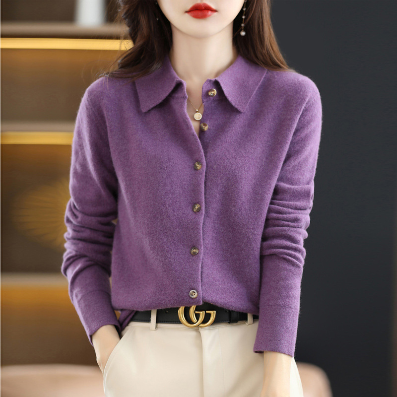 Picture of Spring and Autumn POLO Collar Shirt Women's Outerwear Loose Long-sleeved Sweater Non-cashmere Lapel Knitted Cardigan Top Jacket