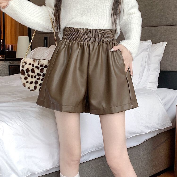 PU leather shorts autumn and winter elastic waist leather pants Japanese and Korean small pocket style A- line hot pants fat m slimming wide leg boot pants