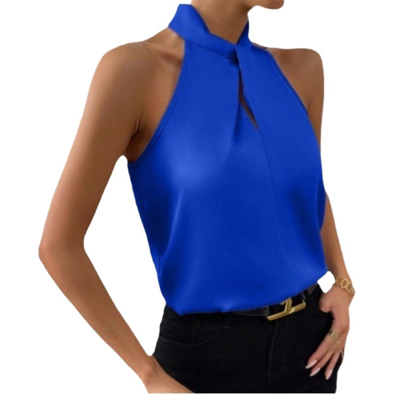 2025 New Summer European and American Clothing Satin Halterneck Sleeveless Vest Satin Imitation Silk Top Wholesale in Stock