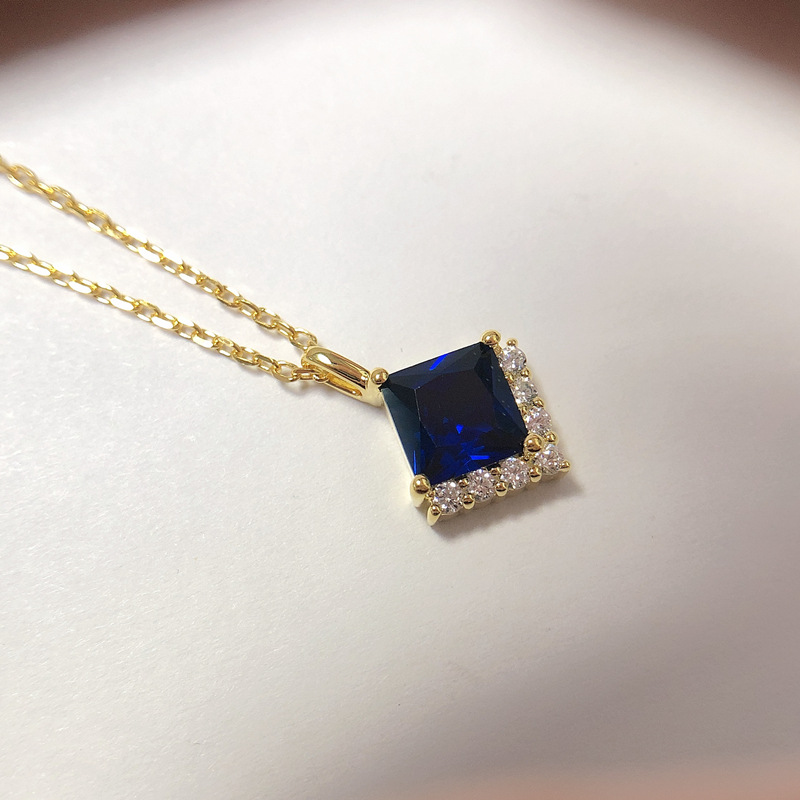 Picture of 925 Sterling Silver Necklace Simple Light Luxury All-match Clavicle Chain Princess Square Blue Diamond Special-shaped Micro Broken Diamond Necklace Japanese and Korean Style