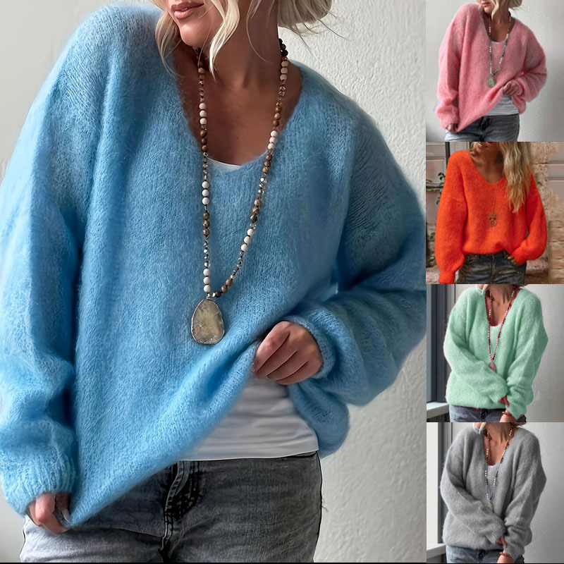 European and American soft V-neck long-sleeve sweater for women, 2025 autumn/winter pullover, solid color, lazy style, loose knit top