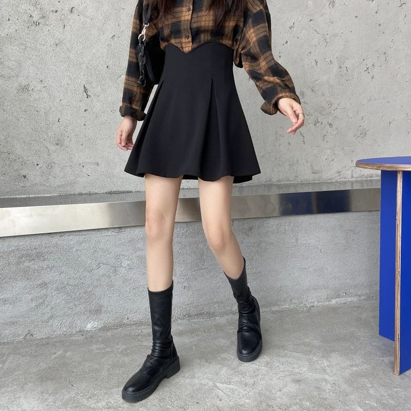 2023 Summer A- line Skirt Short Hip-Covering Skirt Women's High Waist Slimming Pleated Skirt Korean-Style Black