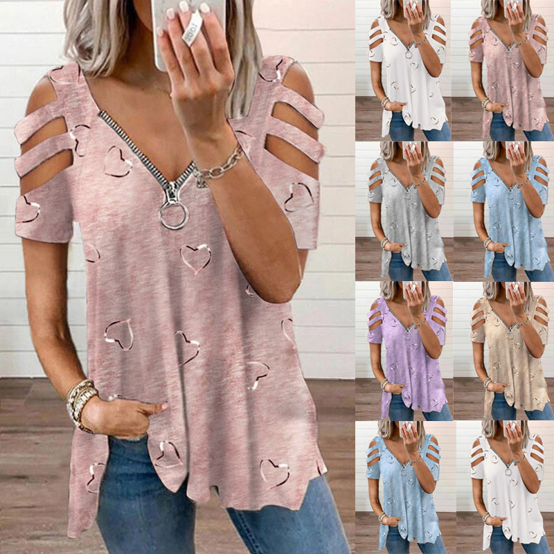 2023 Europe and the United States cross-border wish foreign trade women's V-neck zipper printing short sleeve loose casual T-shirt women's top