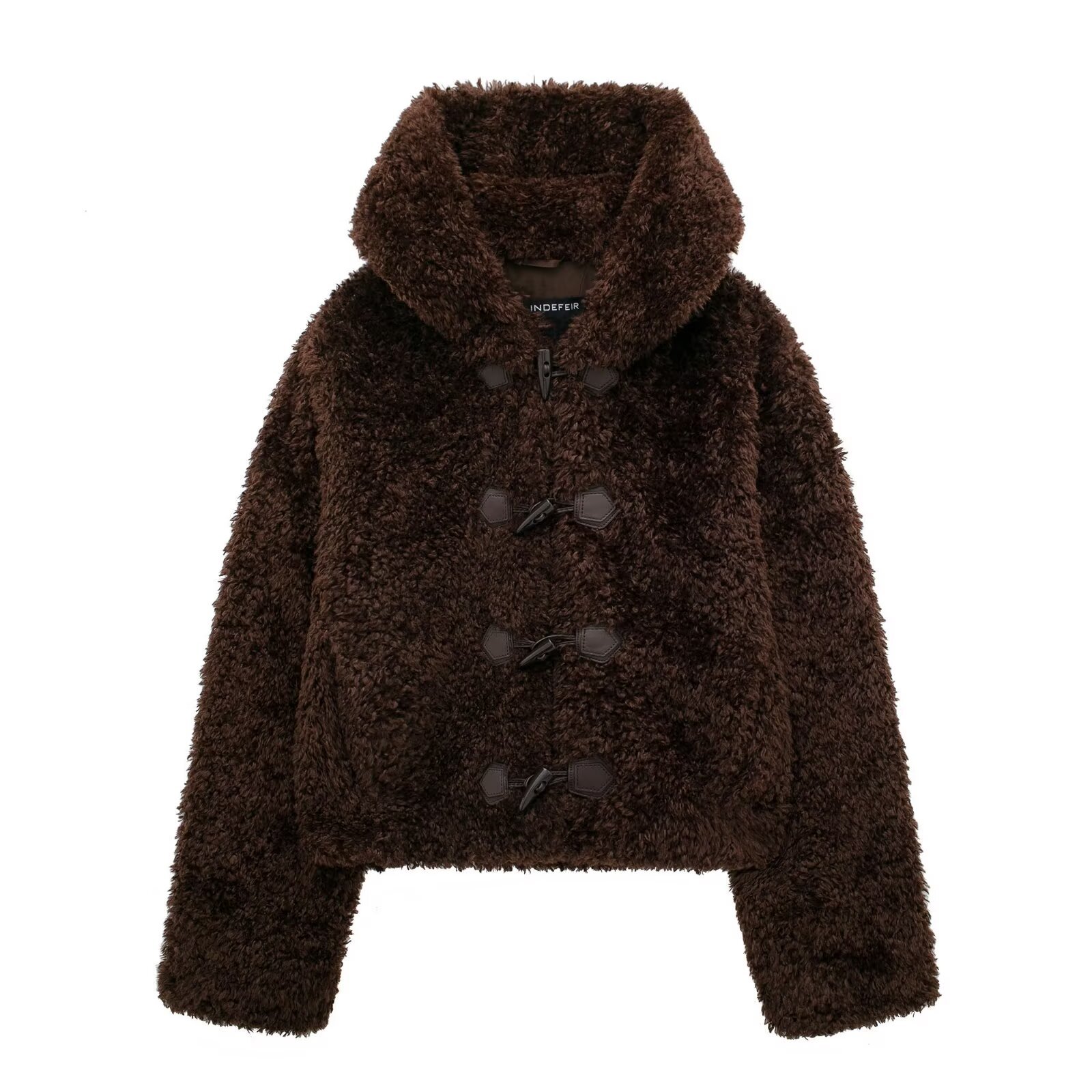 Picture of Women's Hooded Faux Fur Effect Short Coat 2024 Autumn and Winter New European and American Cross-border Knot Buckle Coat