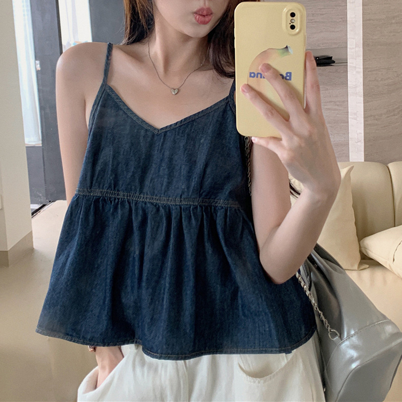 Hot Girls Denim Sling Fashionable Elegant Pleated Design Ruffled Loose V-neck Sleeveless Vest Top for Women