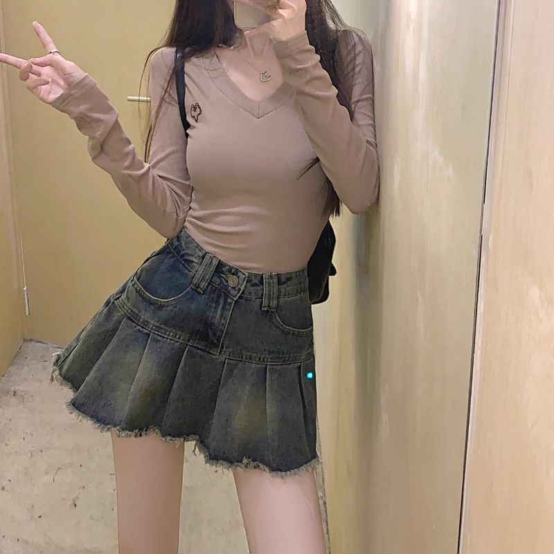 Retro Splicing Raw Edge Design Pleated Skirt Summer Denim Skirt High Waist Slimming Look Sexy A-Line Short Skirt for Women