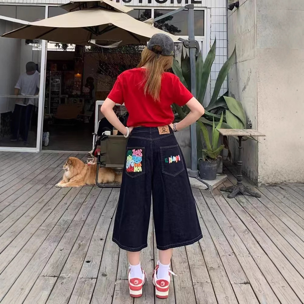 Colorful Letter High Street Print Cropped Pants Summer Jeans New Loose American Retro Wide-Leg Jeans Trendy