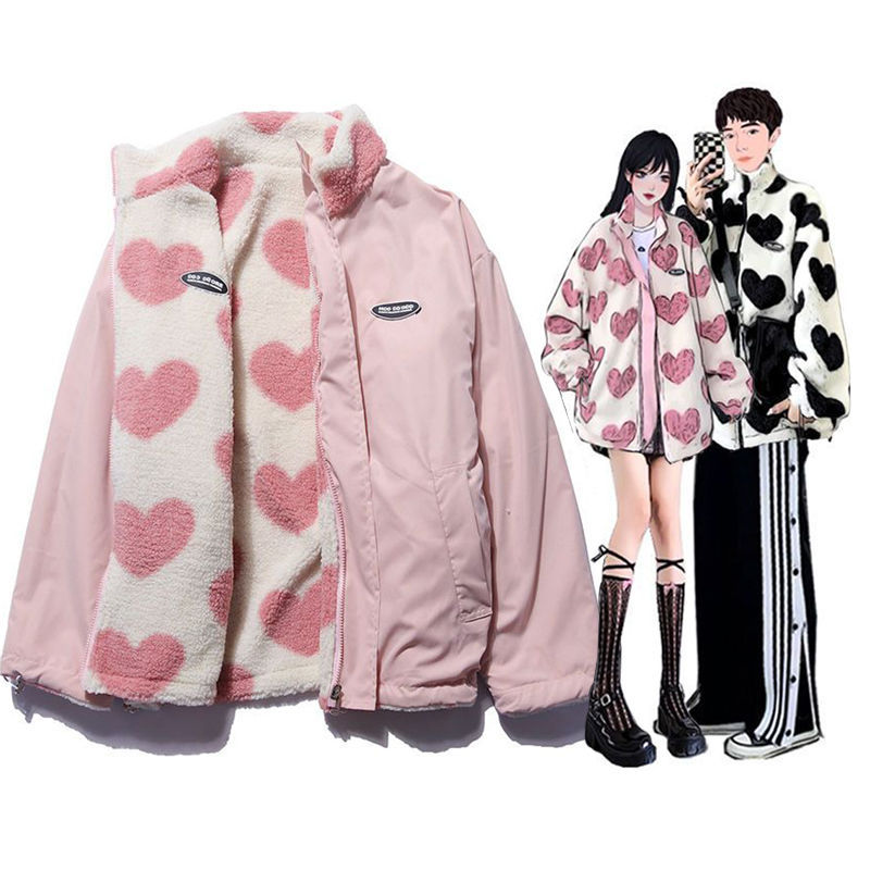 Reversible Heart Thickeneded Lamb Cotton Outwear Couple Wear Winter Trendy Brand Loose Ins Double-Sided Cotton Outwear Plush Outwear