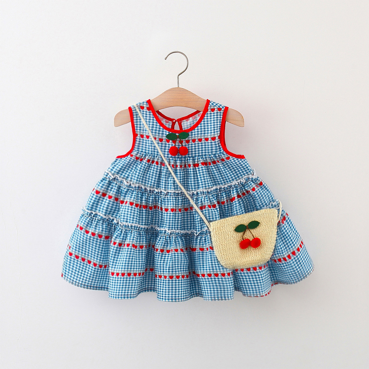 Summer New Girls Korean Love Plaid Sleeveless dress Bamboo Basket Bag